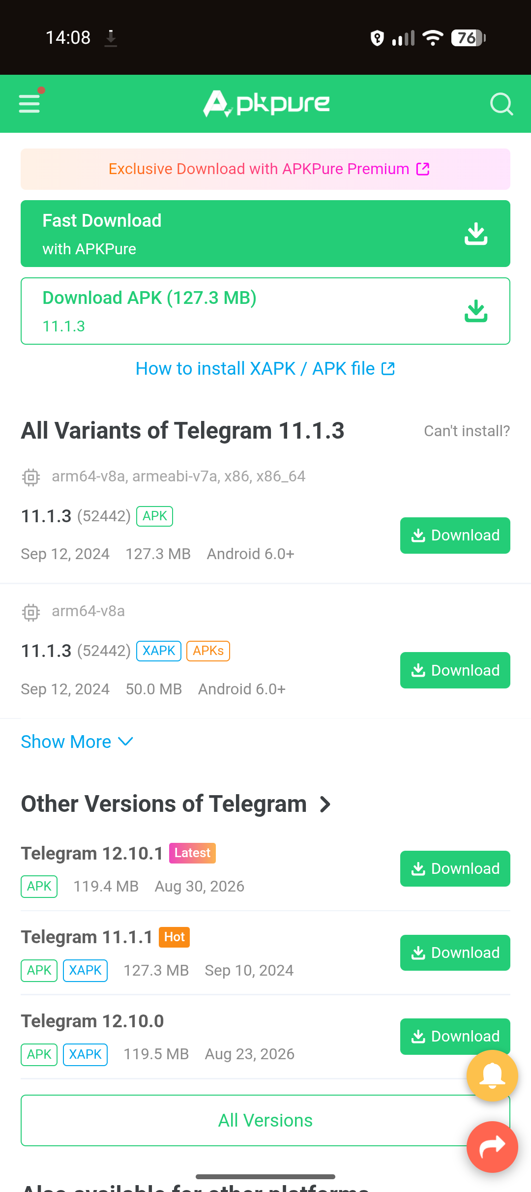 APKPure-Versionsliste von Telegram mit der älteren Version 11.1.3 zum Download